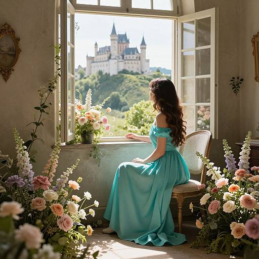 Photograph of a woman with long brown hair in a turquoise off-shoulder dress, seated in a sunlit room, gazing at a castle