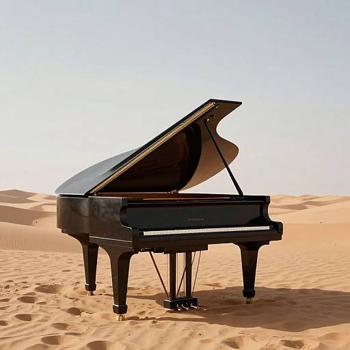Photograph of a sleek, black grand piano with its lid open, standing alone in a sunlit, sandy desert landscape.