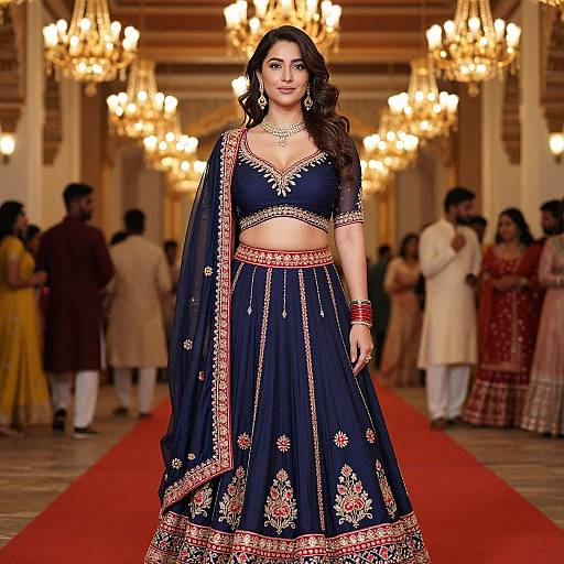 Photograph of an Indian woman in a navy blue traditional lehenga with red and gold embroidery, walking down a grand hall with chandeliers, surrounded