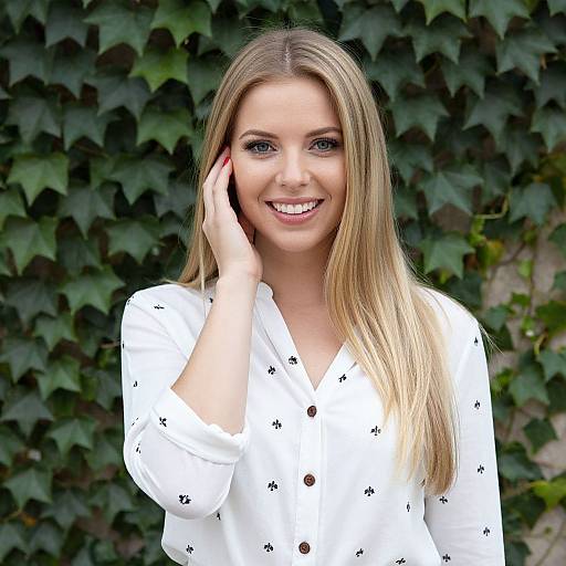 Photograph of a smiling blonde woman with straight hair, wearing a white blouse with black star patterns, touching her cheek, standing against a green ivy