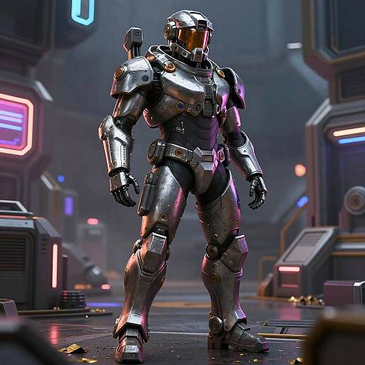 Futuristic Cybernetic Soldier in Neon Battlefield