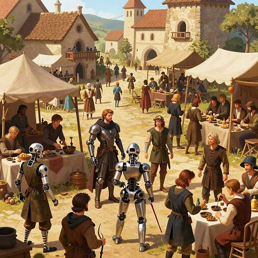 Medieval AI Marketplace with Cybernetic Artisans
