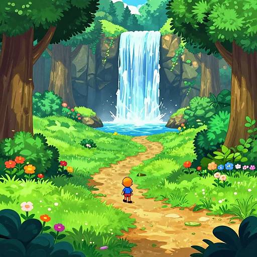 Whimsical JRPG Forest Waterfall Scene