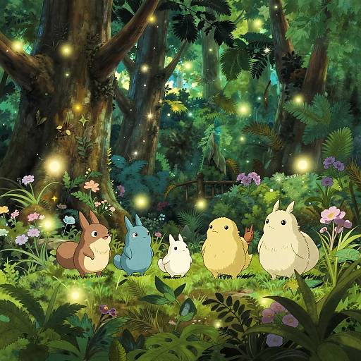 Whimsical forest scene with glowing fireflies, colorful flowers, and five adorable, pastel-colored, cartoon animals sitting on grass. Digital art style