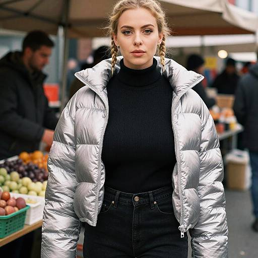 Photograph of a blonde woman with braids, wearing a silver puffer jacket over a black turtleneck, standing at an outdoor market with colorful