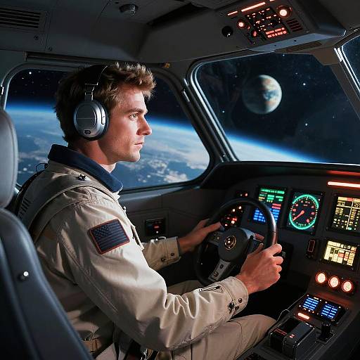 Photograph of a male astronaut in a white spacesuit with an American flag patch, flying a spacecraft cockpit, with Earth and a planet visible through the
