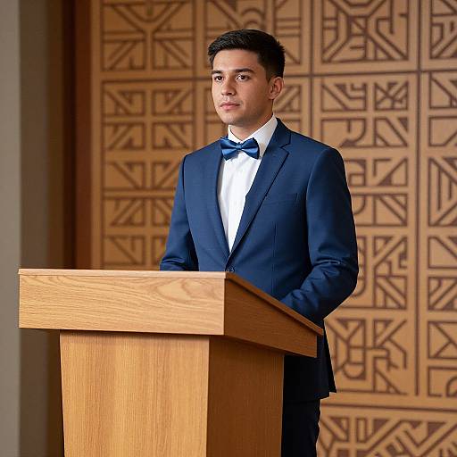 Photograph of a young man with short dark hair, wearing a navy blue tuxedo, white shirt, and blue bow tie, standing at a