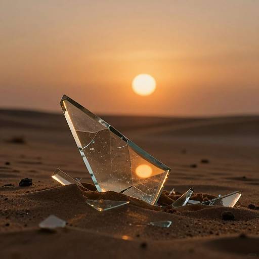 Photograph of a shattered glass triangle on a sandy desert at sunset, with the golden sun partially visible in the orange sky.