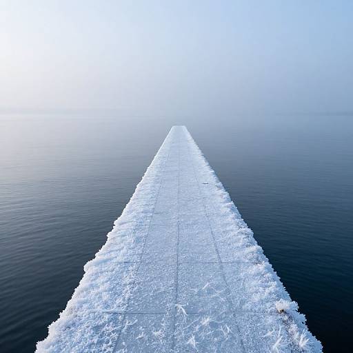Photograph of a frost-covered pier extending into a calm, dark blue sea under a bright, foggy sky.