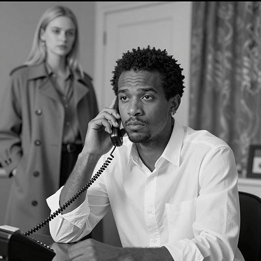 Serious Man Talking on Phone with Woman Standing Behind