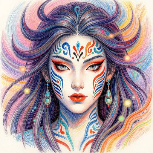 Vibrant digital portrait of a woman with flowing purple hair, white face painted with blue and red tribal patterns, wearing teardrop earrings, surrounded