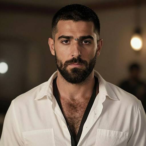 Photograph of a bearded man with short dark hair, wearing an unbuttoned white shirt over a black undershirt, with a serious expression
