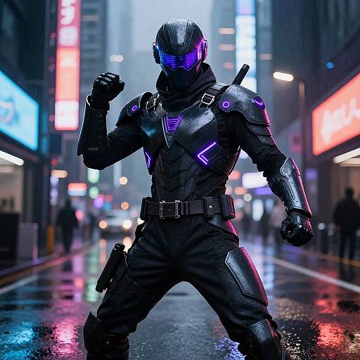 Cyberpunk street scene: armored, glowing purple-eyed figure in black futuristic suit with glowing patterns, standing confidently on wet, reflective street at night,