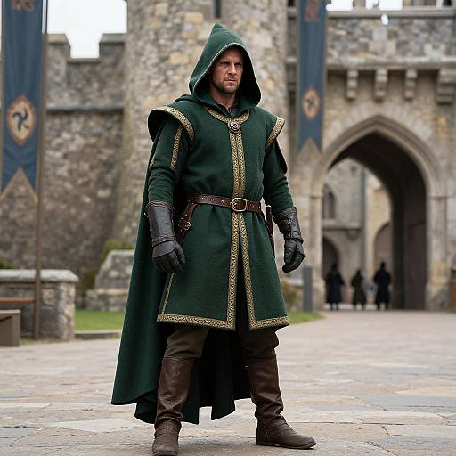 Photograph of a man in medieval green hooded robe with gold trim, brown belt, and gloves, standing in front of a stone castle with ar