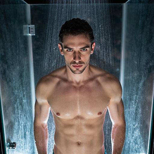 Photograph of a muscular, shirtless man with short dark hair and intense gaze, standing under a shower with water droplets on a glass door,
