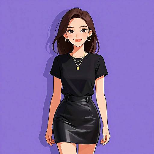 Digital anime-style drawing of a smiling young woman with long brown hair, wearing a black t-shirt, high-waisted black leather skirt, gold necklace
