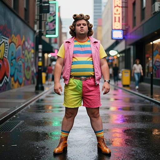 Photograph of a man with curly hair, rainbow-striped shirt, pink and yellow shorts, pink vest, orange boots, standing on a wet, graffiti