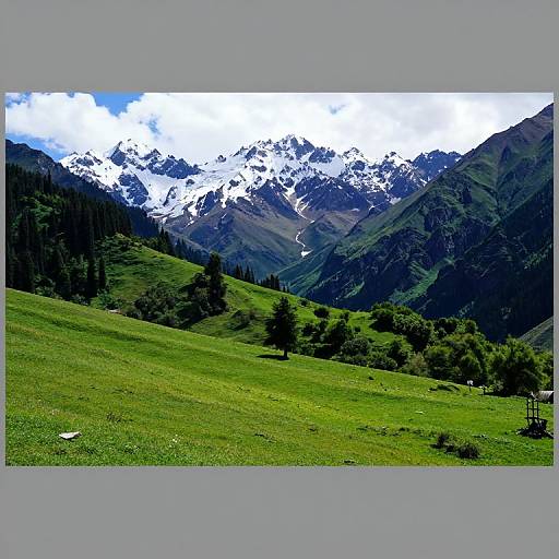 Photograph of a vibrant green mountain meadow with scattered trees, leading to snow-capped peaks under a bright, partly cloudy sky.