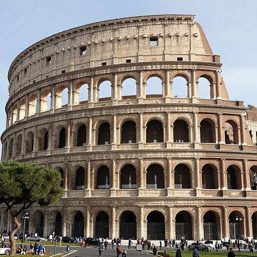 Photograph of the Colosseum in Rome, Italy, showcasing its massive, weathered stone arches, with small groups of tourists and parked