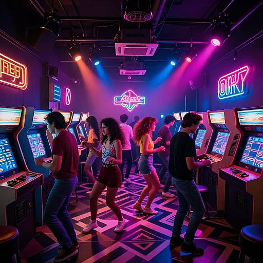 Vibrant photograph of a neon-lit arcade with diverse people playing colorful video games, illuminated by pink, blue, and purple lights.