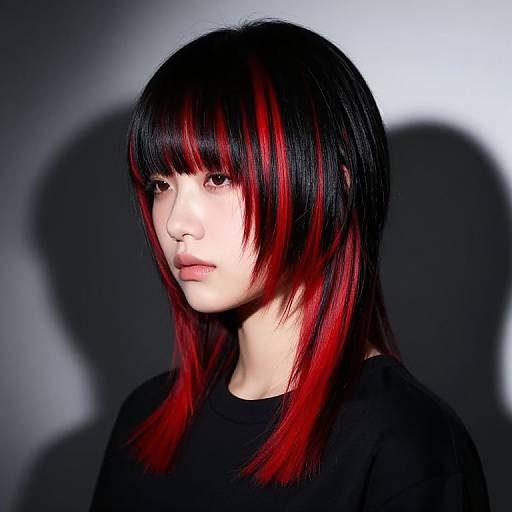 Photograph of an Asian woman with black and red dyed hair, straight bangs, black top, shadowed background, intense gaze.