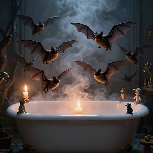 Photograph: Bat figurines hovering above a steamy white bathtub with candles, a black cat, and small doll-like figures in a dimly lit