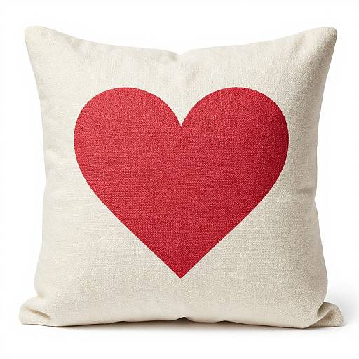 Photograph of a white square pillow with a bold red, textured heart centered on the front. Simple, clean design.