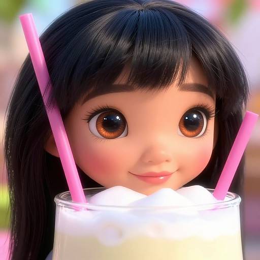 Photograph of a doll with large brown eyes, black hair, and pink straws in a glass of milkshake, smiling softly.
