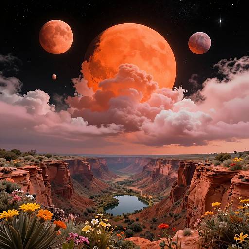 Digital artwork of a vibrant canyon with a reflective lake, surrounded by colorful flowers, under a starry night sky filled with three large, glowing red-orange
