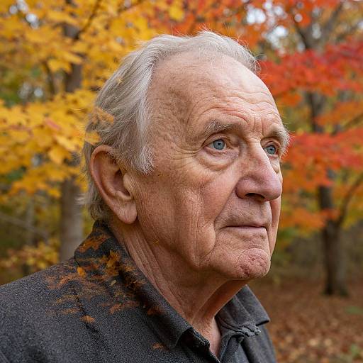 Photograph of an elderly man with white hair, wrinkled skin, and blue eyes, wearing a black coat, standing amidst vibrant autumn foliage with yellow