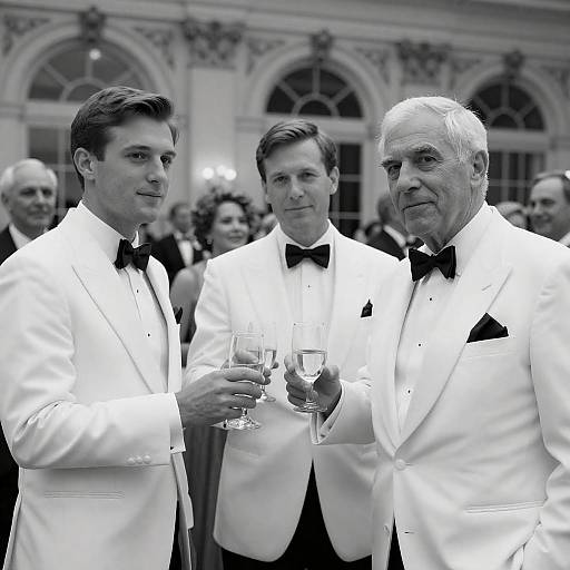 Three Men in White Tuxedos Toasting at Formal Event