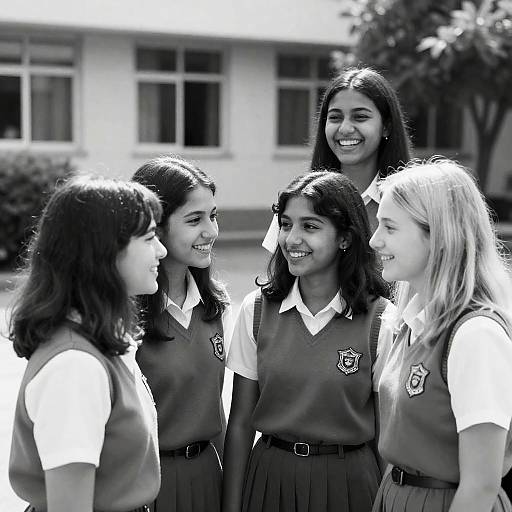 Joyful School Girls in Black-and-White