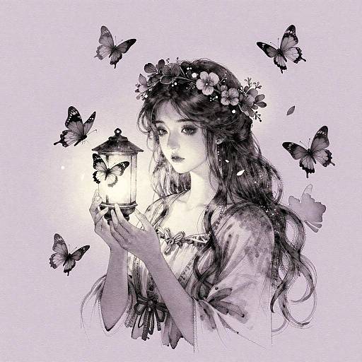 Serene Woman in Ornate Ink Wash