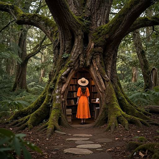 Photograph of a woman in a bright orange dress and white hat standing in a moss-covered treehouse nestled in a lush forest, with a stone path