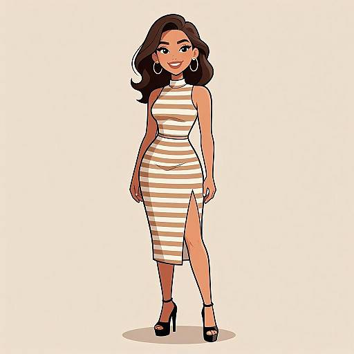Digital illustration of a confident woman with long brown hair, wearing a sleeveless, white and beige striped dress, black high heels, and hoop earrings,