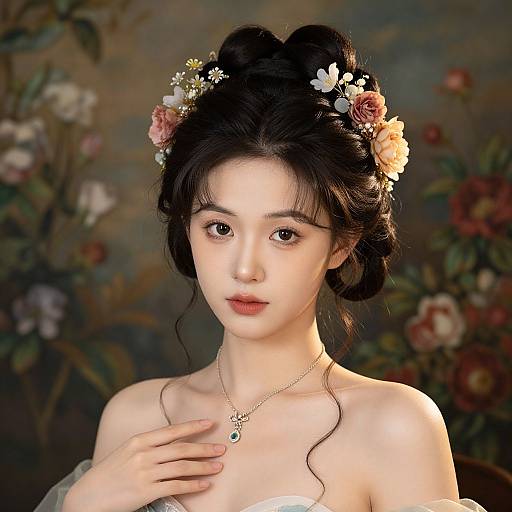 Digital portrait of an Asian woman with pale skin, dark hair in an updo adorned with flowers, wearing an off-shoulder dress, against a