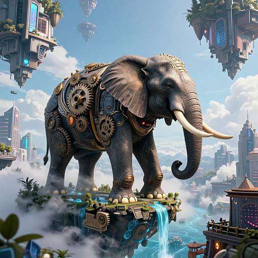 Digital art of a steampunk elephant with gear-adorned body standing on floating island with waterfall, surrounded by futuristic, cloud-covered cityscape.