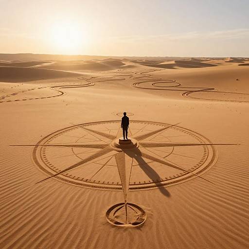 Photograph of a lone figure standing on a large compass rose etched into golden sand dunes at sunset, casting long shadows.