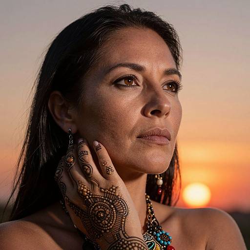 Photograph of a dark-haired woman with intricate henna designs on her hand, wearing turquoise jewelry, gazing at a vibrant sunset.
