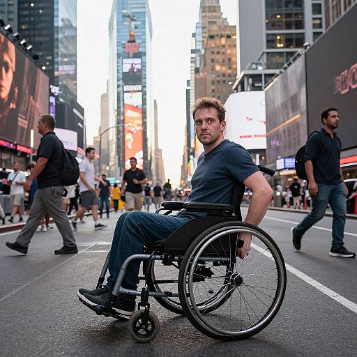 Photograph of a Caucasian man in a wheelchair, wearing a black t-shirt and jeans, sitting in a busy city street with tall buildings, bright bill