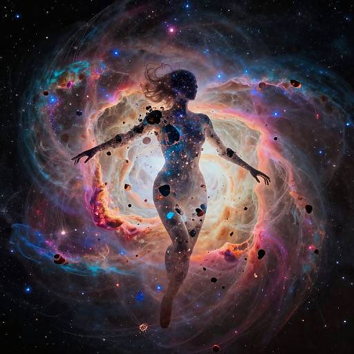 Digital art of a silhouetted female figure floating in a vibrant, swirling cosmic nebula with colorful gas clouds and floating rocks.