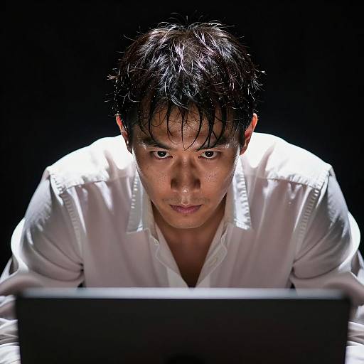 Intense man with wet hair in white shirt