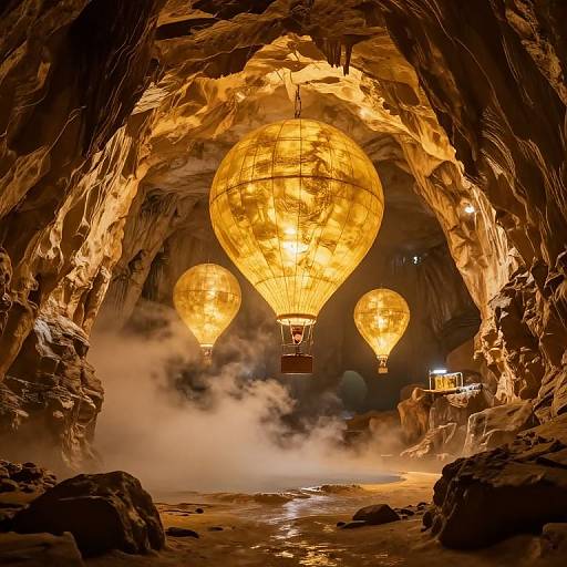 Photograph of three glowing, golden hot air balloons inside a dark, rocky cave, surrounded by mist and illuminated by warm light.