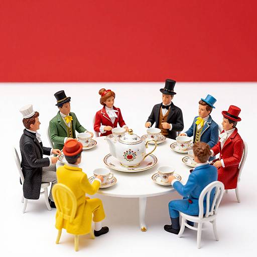Photograph of colorful Victorian-style figurines, wearing hats and formal attire, seated around a white table with teacups, against a red background.