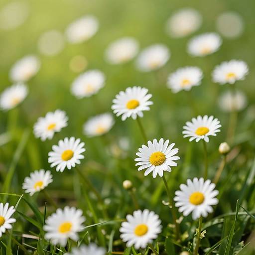 Photograph of a sunlit meadow with white daisies and yellow centers, surrounded by green grass, in a shallow depth of field.