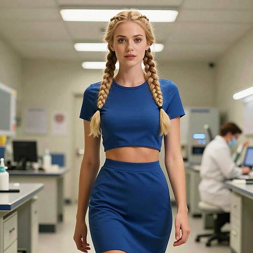 Blonde Woman in Blue Dress at Research Station