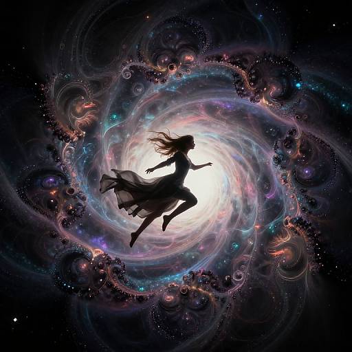 Digital art of a silhouetted girl with flowing hair, mid-leap, within a swirling, colorful cosmic vortex of galaxies and stars. Bright