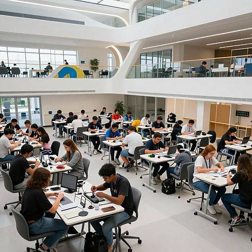 Photograph of a modern, brightly lit, multi-story study room with numerous students sitting at desks, working on laptops and studying.