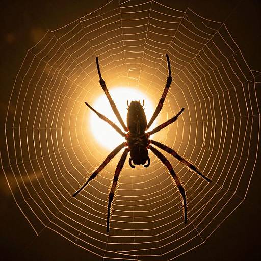 Silhouetted spider at center of intricate web, illuminated by bright, glowing sun in dark background, creating dramatic, circular pattern.