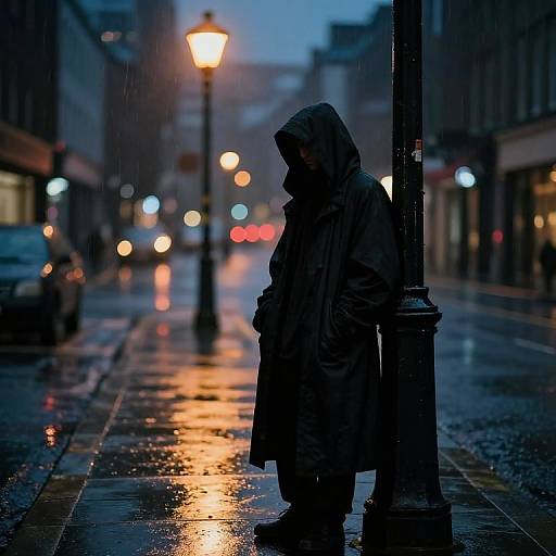 Photograph of a solitary figure in a hooded raincoat standing by a wet, rain-soaked street at dusk, illuminated by street lamps.